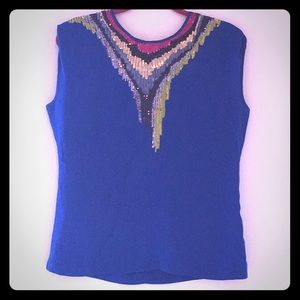 Blue sleeveless top with sequin collar detail